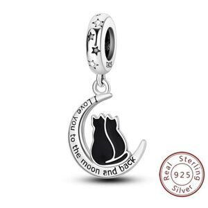 Sterling Silver Cubic Zirconia Black Cat I Love You To The Moon And Back Charm